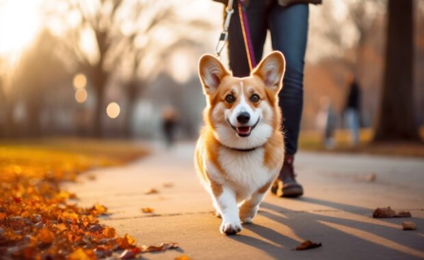 Corgi on mid-day walk in Fall in Northern Virginia