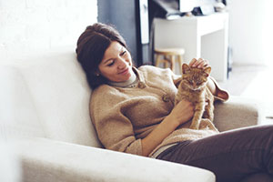 Cat sitter petting cat during Fairfax, VA cat sitting services