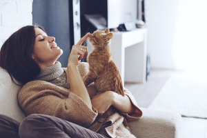 cat care woman playing with a cat