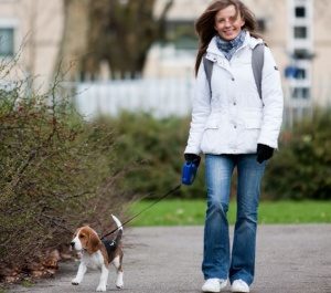 A lady walking with her dog on a Paw Pals recommended dog trails in Northern Virginia