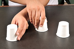 a woman playing the cup shuffle game with her dog indoors