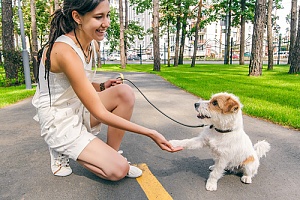 Woman and dog training on leash 