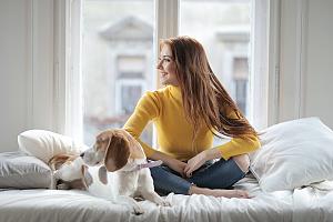 Owner with pet on bed