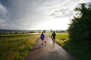 couple walking dog on road in the morning while on vacation