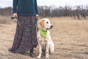 women walking her dog on a leash and green bandana