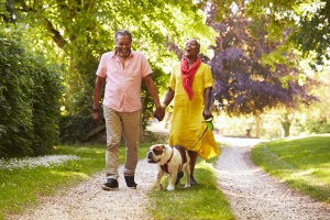 couple walking when their dog twisting