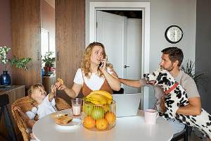 Man, woman, child and a dog in the kitchen. New family member in the home can trigger dog to mark in the house