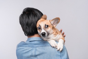 A man with his pet dog who is suffering from dog dementia