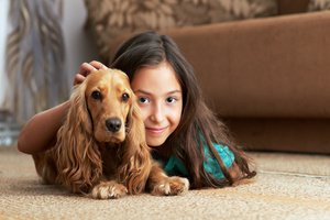 A dog and a young girl sat on the carpet floor playing