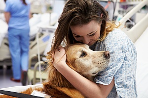 a woman training her therapy dog