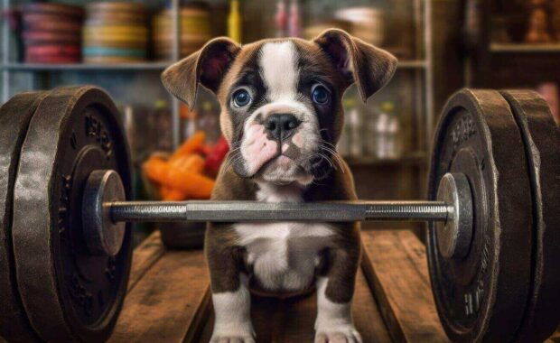 dorable unhappy puppy alongside a barbell in the gym in Northern Virginia