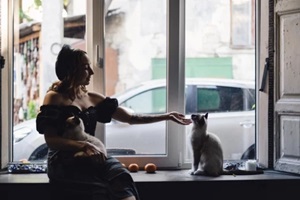 lovely woman playing with Siamese cats at home
