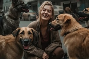 smiling woman volunteer among pack of friendly dogs on street