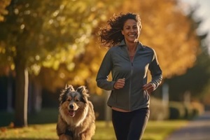happy, smile woman is relaxing happily with her dog in the morning sunrise