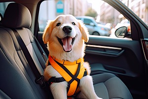 dog traveling in car with safety seatbelt on