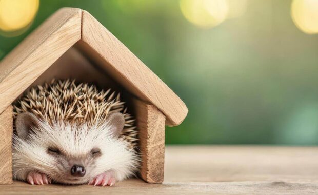 exotic pet hedgehog sleeping in a small wooden house