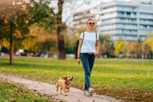 woman walking in the park with a dog in autumn