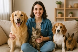 Professional Pet Sitter on Sofa with Pets
