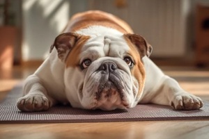 bulldog doing yoga pose on mat looking focused
