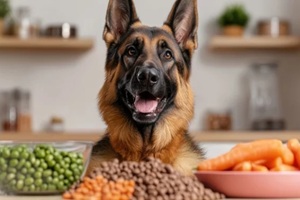 cheerful image highlights a German Shepherd sitting eagerly in front of a spread of nutritious dog food
