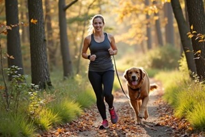 dog on run with beautiful owner