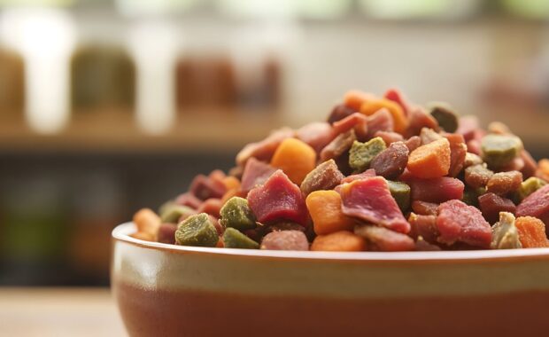 view of a bowl filled with colorful dry pet food displaying a mix of vibrant shapes and textures