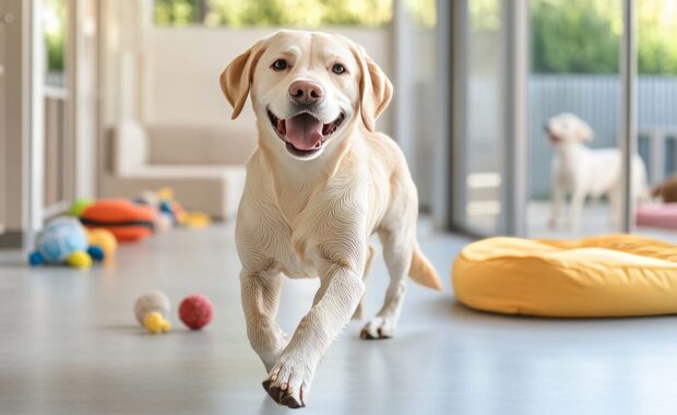 happy Labrador playing in a spacious, luxurious pet boarding facility with colorful toys, soft beds, and other dogs nearby