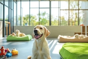 happy Labrador playing in a spacious, luxurious pet boarding facility with colorful toys, soft beds, and other dogs nearby
