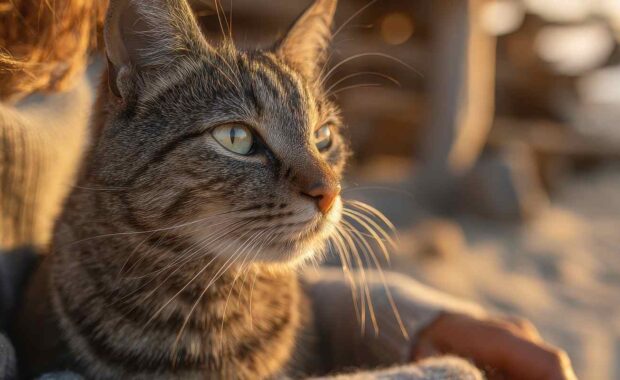 Cat relaxing at the beach during sunrise with a sitter
