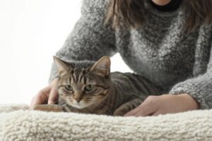 Cat sitter cuddling with a kitten on a sofa