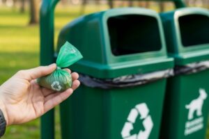 Dog Walker depositing pet waste in public bin