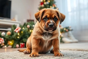 dog sitting near dropped christmas tree in living room