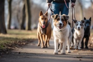 dog walker group of dogs walking on a leashes in the park