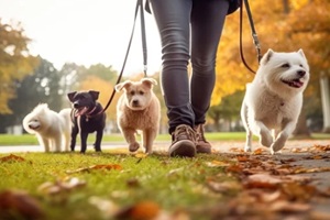 dog walker, pet sitter walking with different breed and rescue dogs on leash