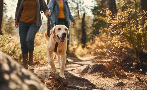 active senior couple taking their energetic Labrador for an adventurous hike through forest trails