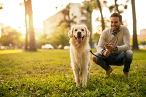 happy man with dog in the park