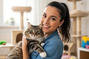 smiling female professional pet sitter tenderly cradling a fluffy domestic ginger cat in her arms
