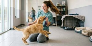 cheerful female volunteer playing tug-of-war with a playful golden retriever puppy inside a modern pet shelter facility