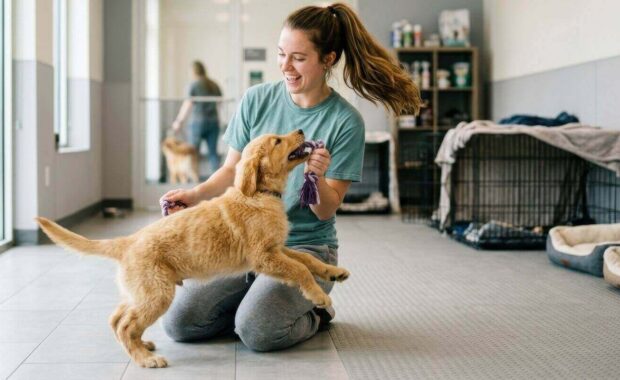 cheerful female volunteer playing tug-of-war with a playful golden retriever puppy inside a modern pet shelter facility